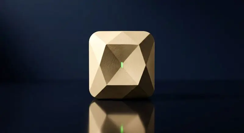 Haven Steadfast sensor — faceted brushed-gold plug-in device with green status light